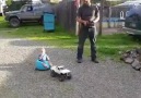 R/C truck towing kid around