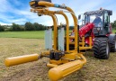 This machine wraps hay bales in seconds.